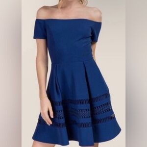 Francesca’s Alaina Royal Blue Off Shoulder Short Sleeved A Line Dress Size Small